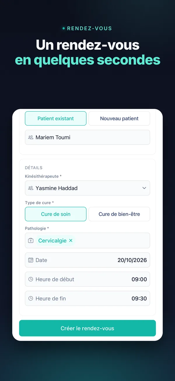 Rendez-vous, « Un rendez-vous en quelques secondes » : patient, kinésithérapeute, type de cure, pathologie, horaires